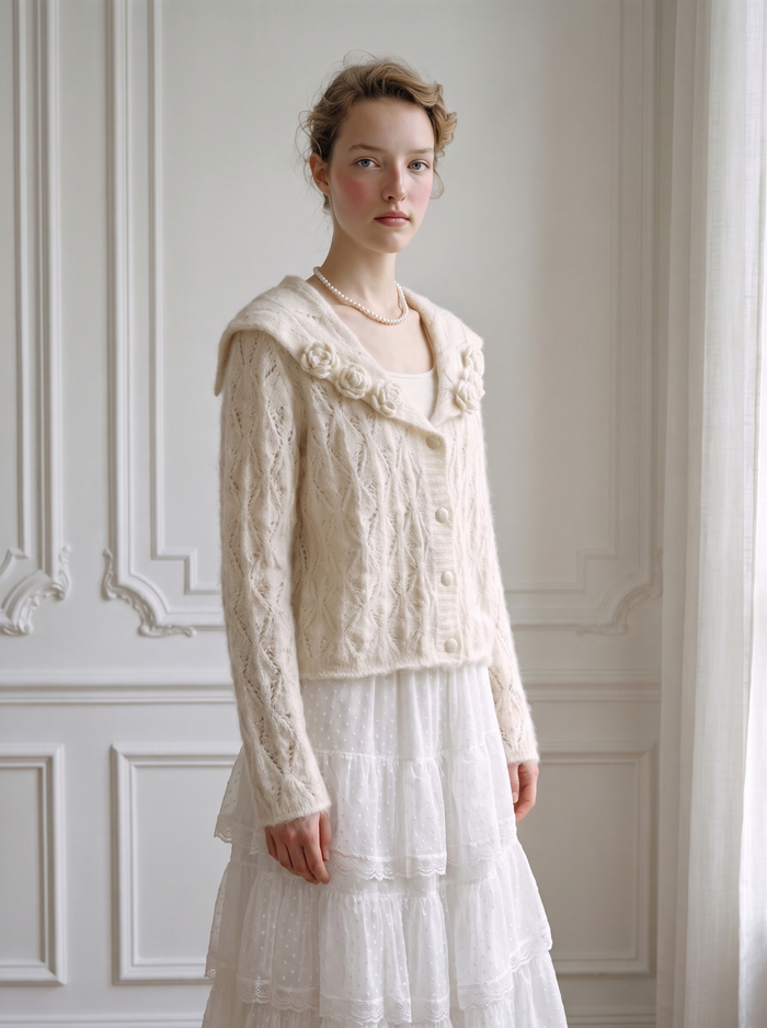 3D Floral Wide-Collar Cardigan