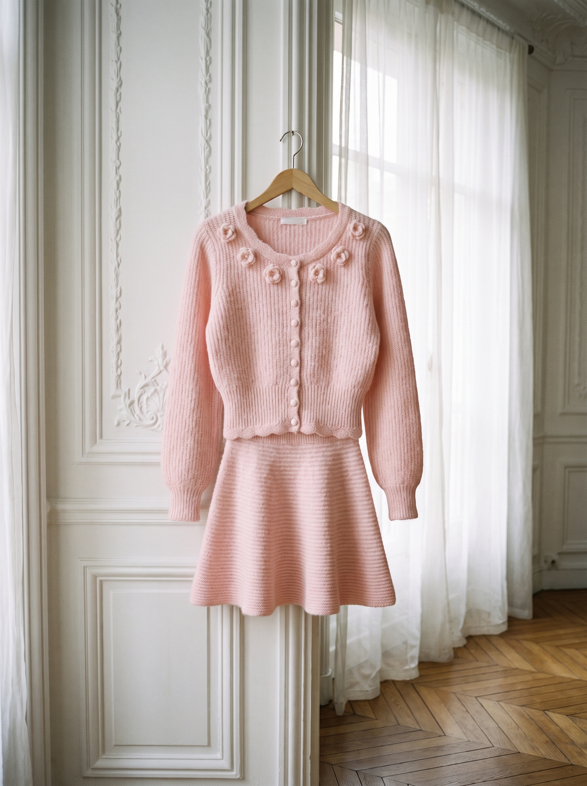 3D Floral Knit Top & Skirt Set pink