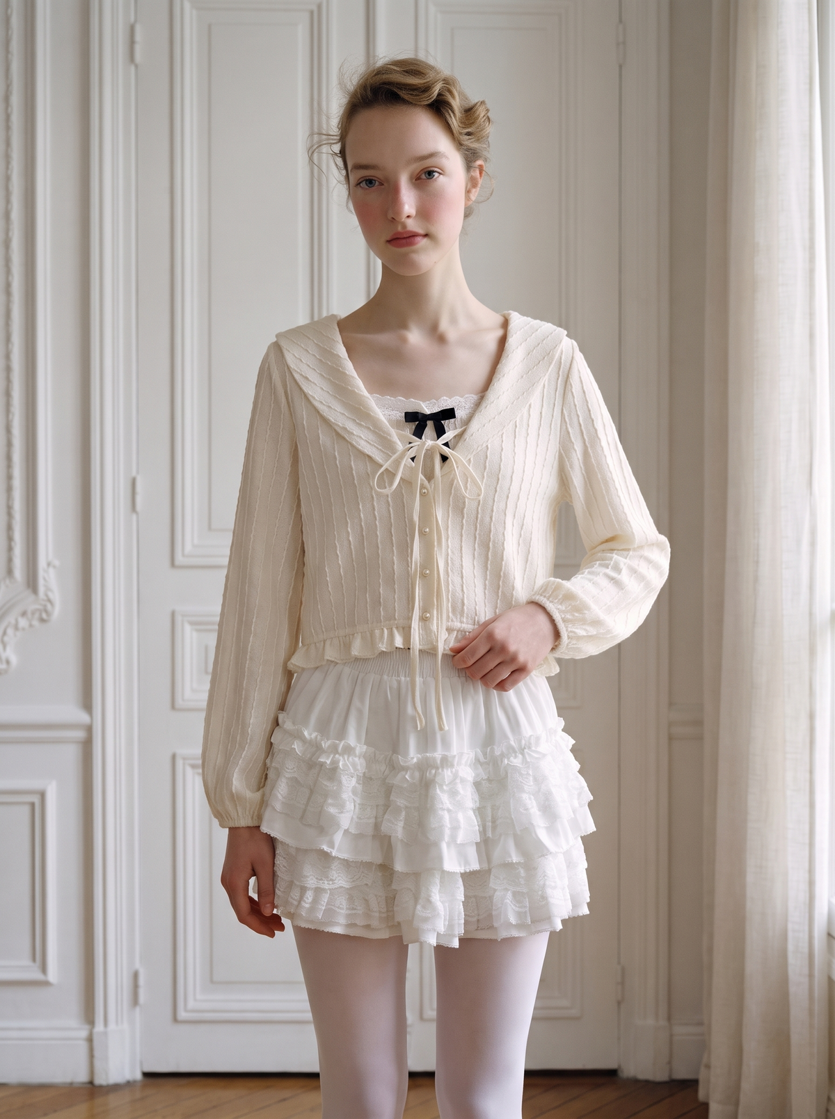 Bow Doll-Collar Cami & Cardigan