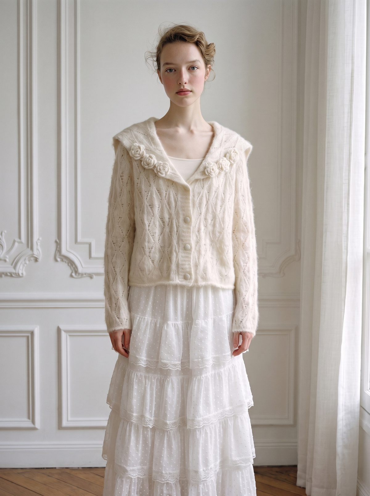 3D Floral Wide-Collar Cardigan