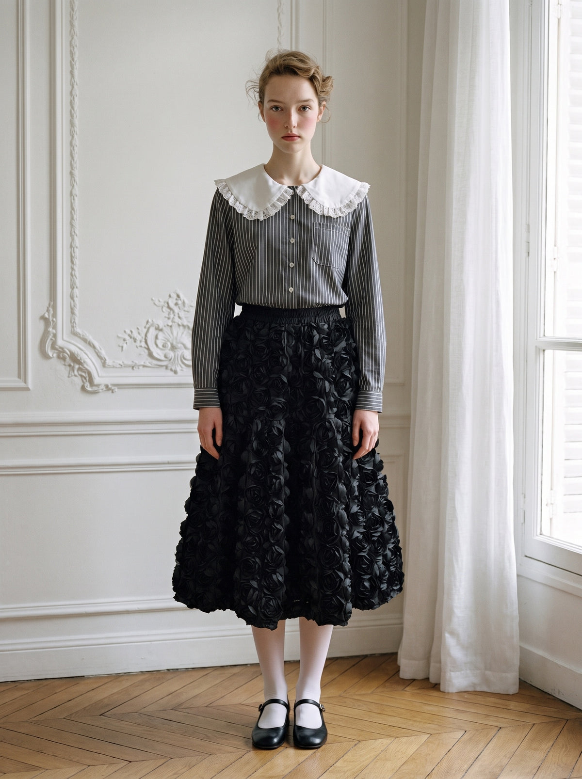 Blue-Stripe Doll-Collar Lace Shirt