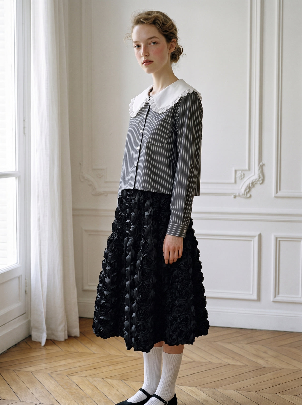 Blue-Stripe Doll-Collar Lace Shirt
