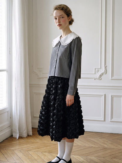 Blue-Stripe Doll-Collar Lace Shirt