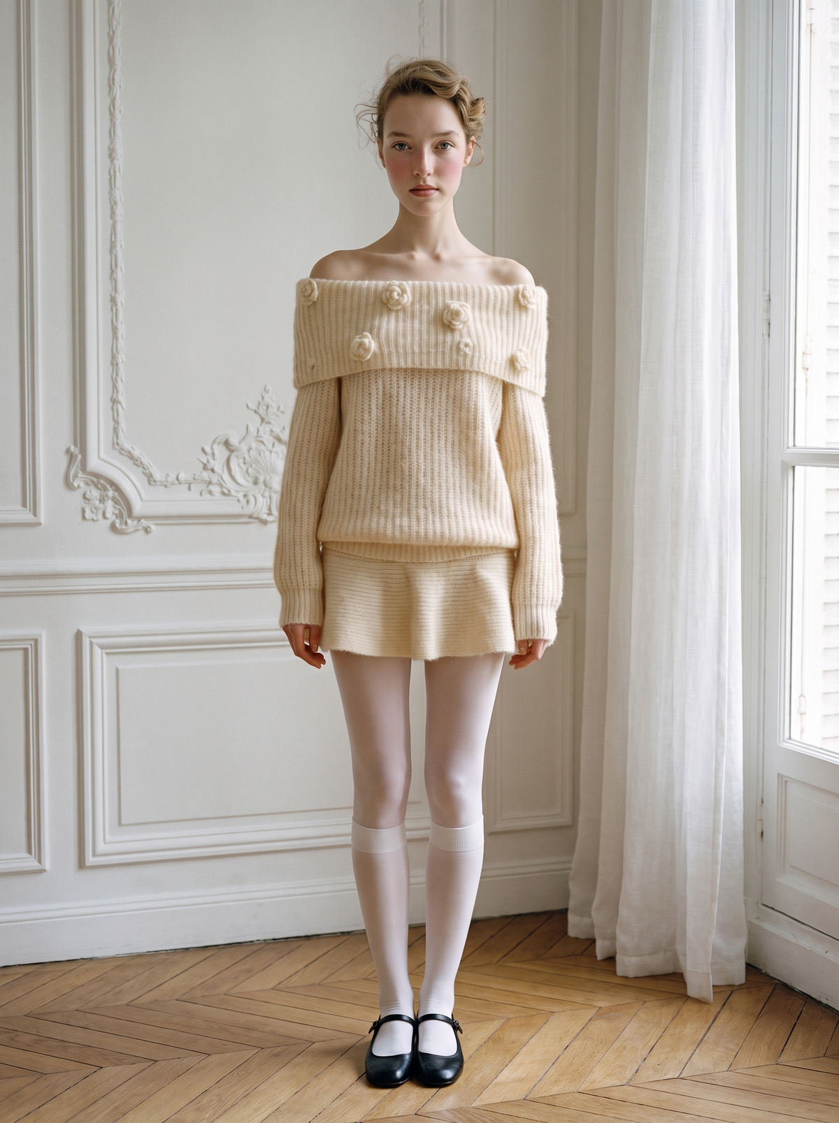Rosette Off-Shoulder Knit Skirt Set apricot
