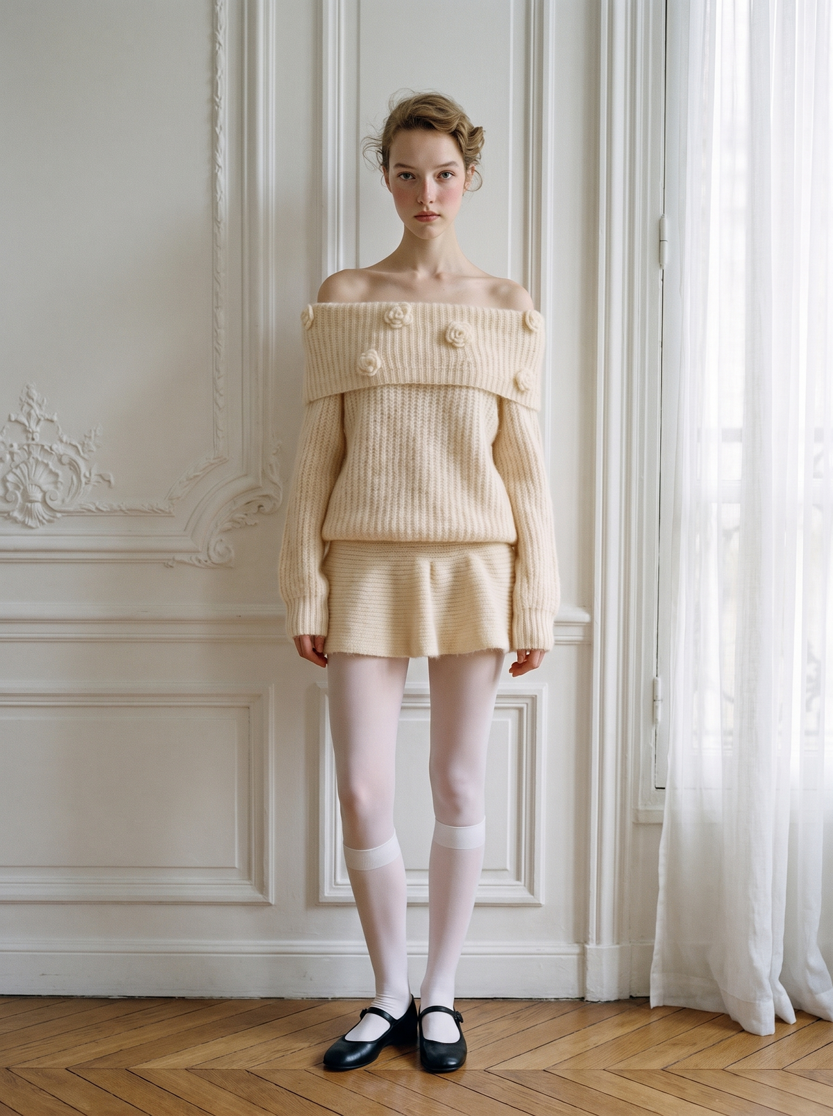 Rosette Off-Shoulder Knit Skirt Set apricot