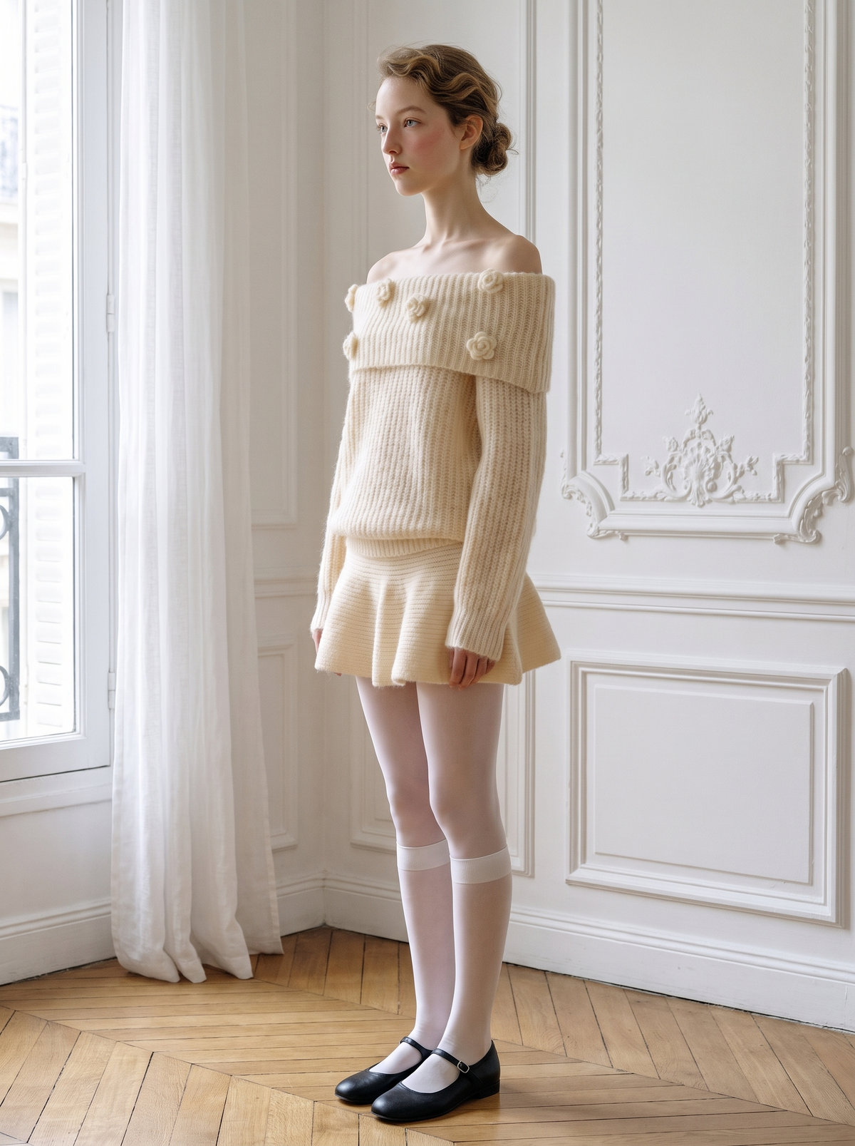 Rosette Off-Shoulder Knit Skirt Set apricot