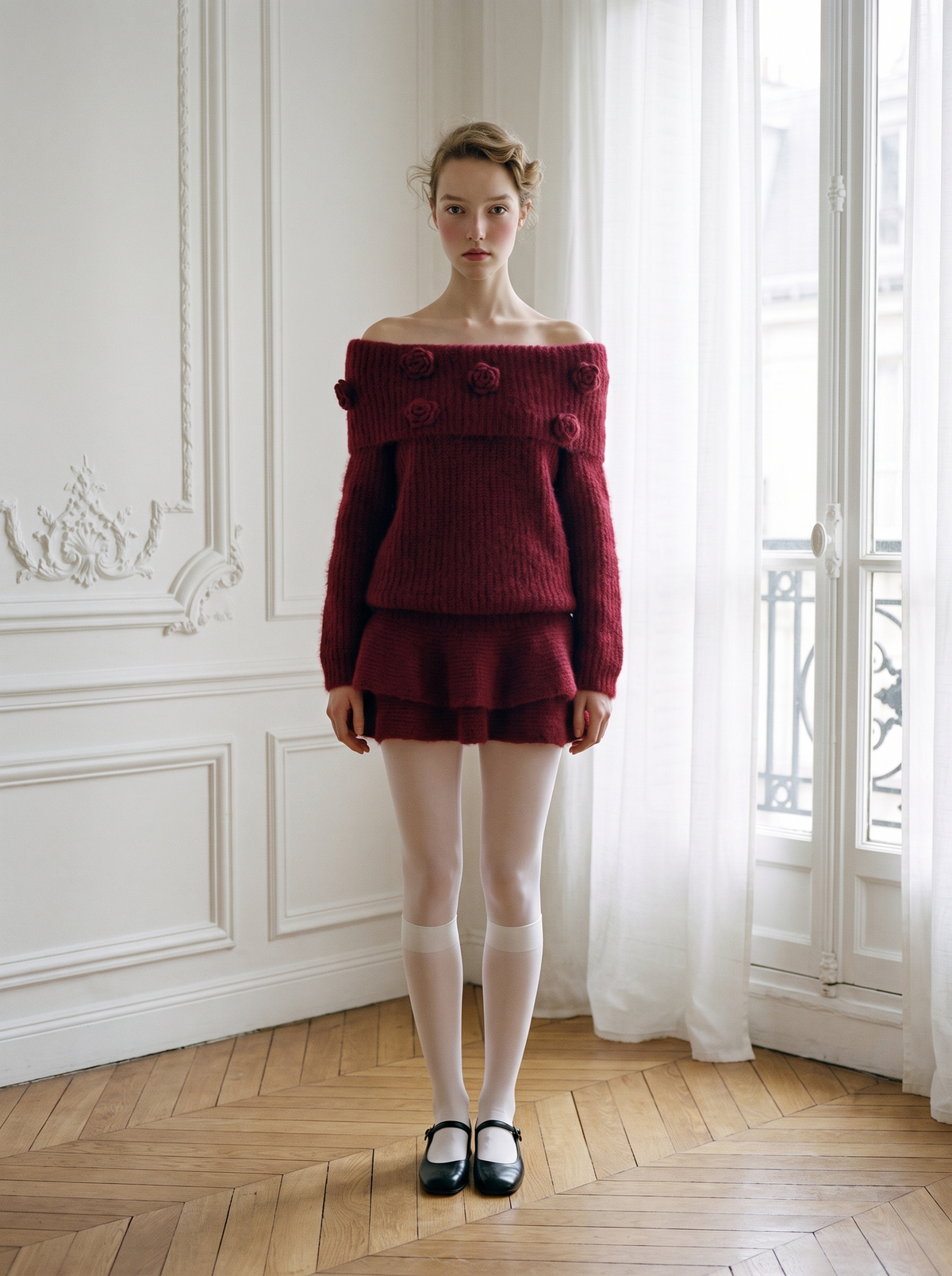 Rosette Off-Shoulder Knit Skirt Set red