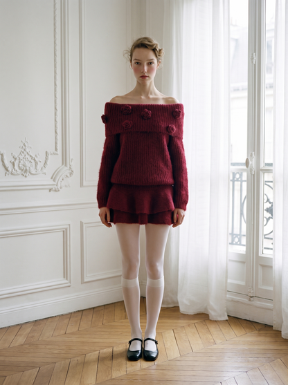 Rosette Off-Shoulder Knit Skirt Set red