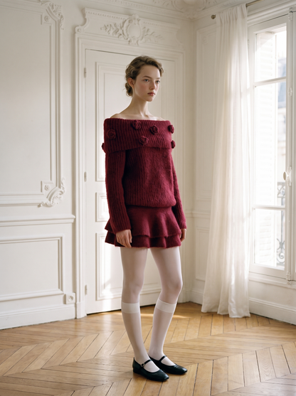 Rosette Off-Shoulder Knit Skirt Set red