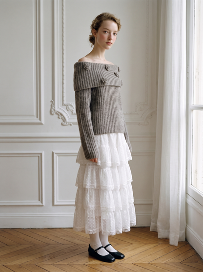 Rosette Off-Shoulder Knit Skirt Set gray