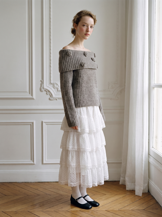 Rosette Off-Shoulder Knit Skirt Set 着用コーデ