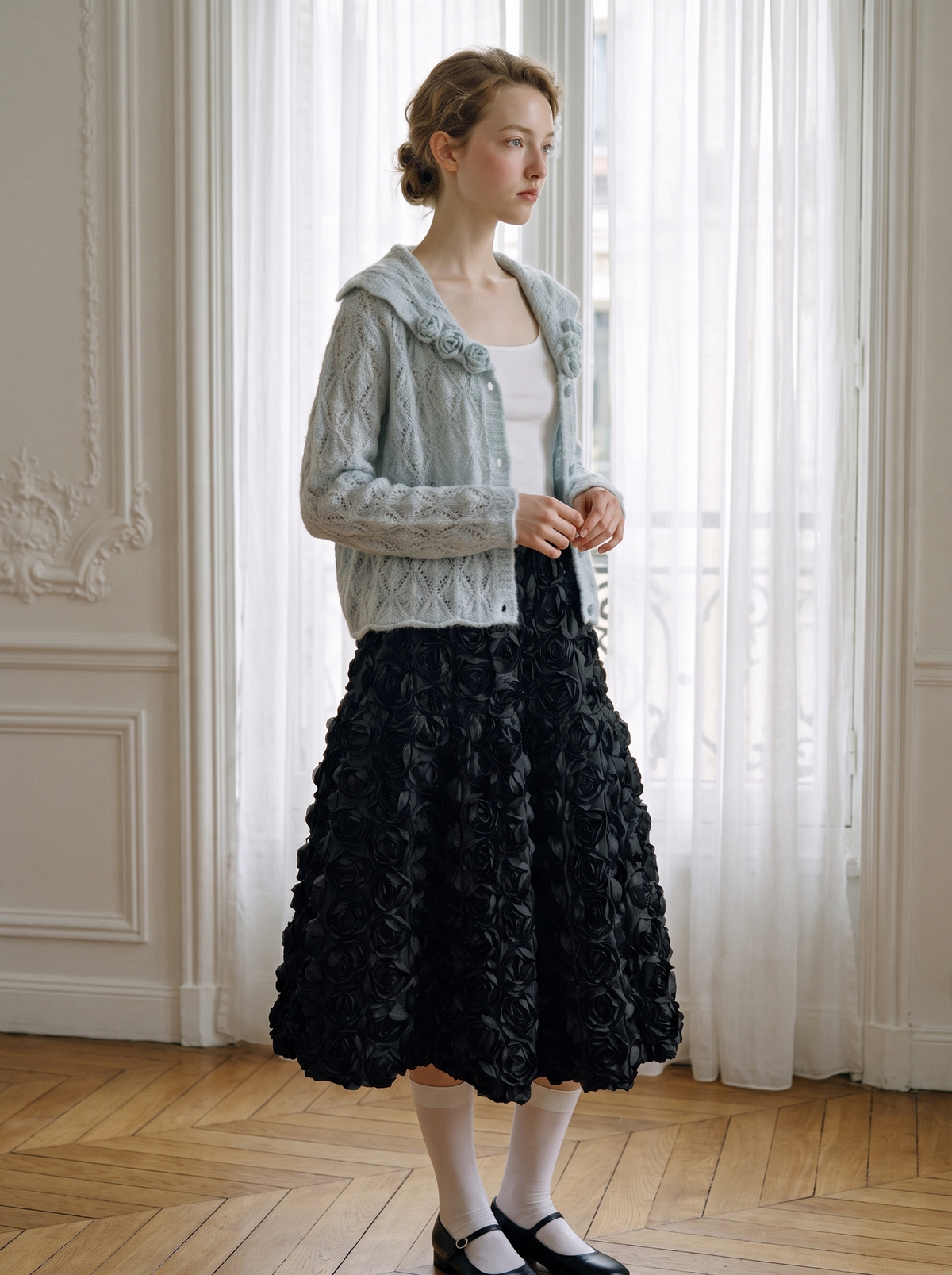 3D Floral A-Line Maxi Skirt black