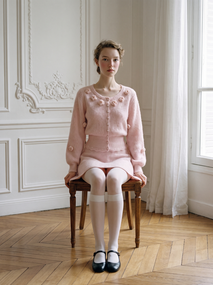 3D Floral Knit Top & Skirt Set pink