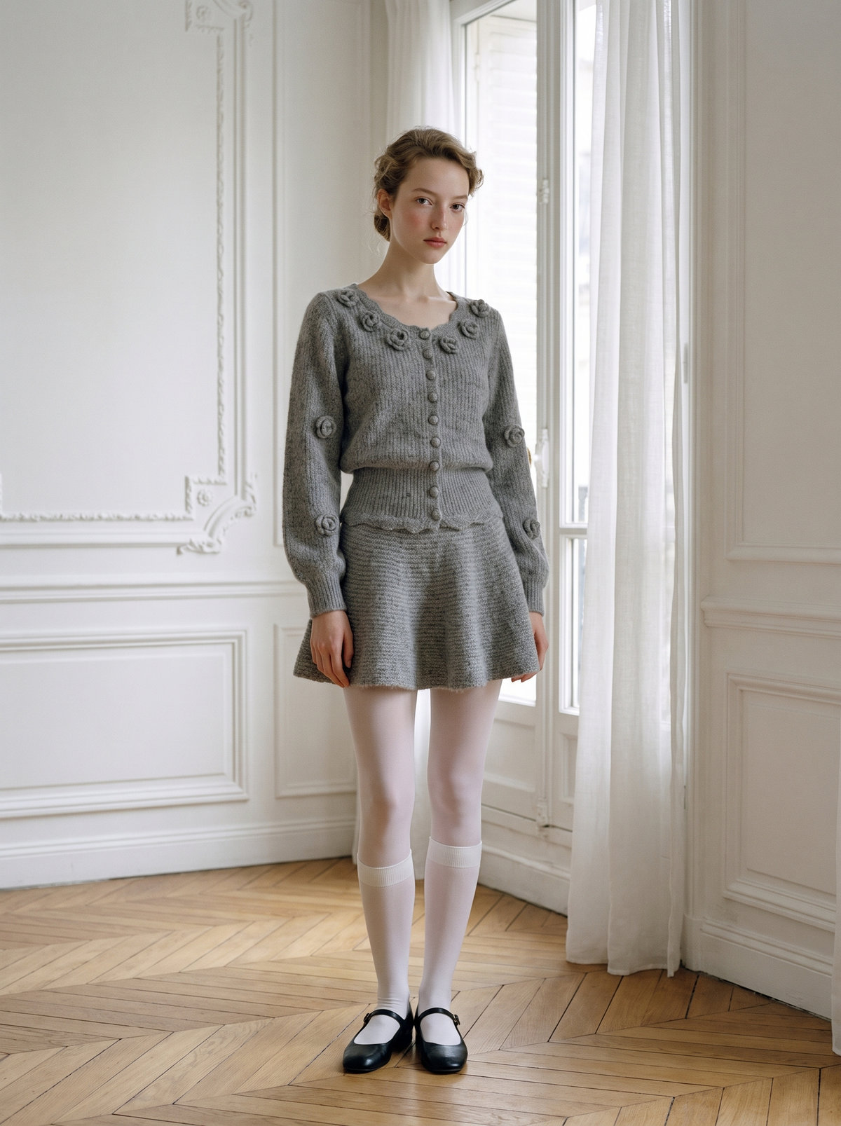 3D Floral Knit Top & Skirt Set gray