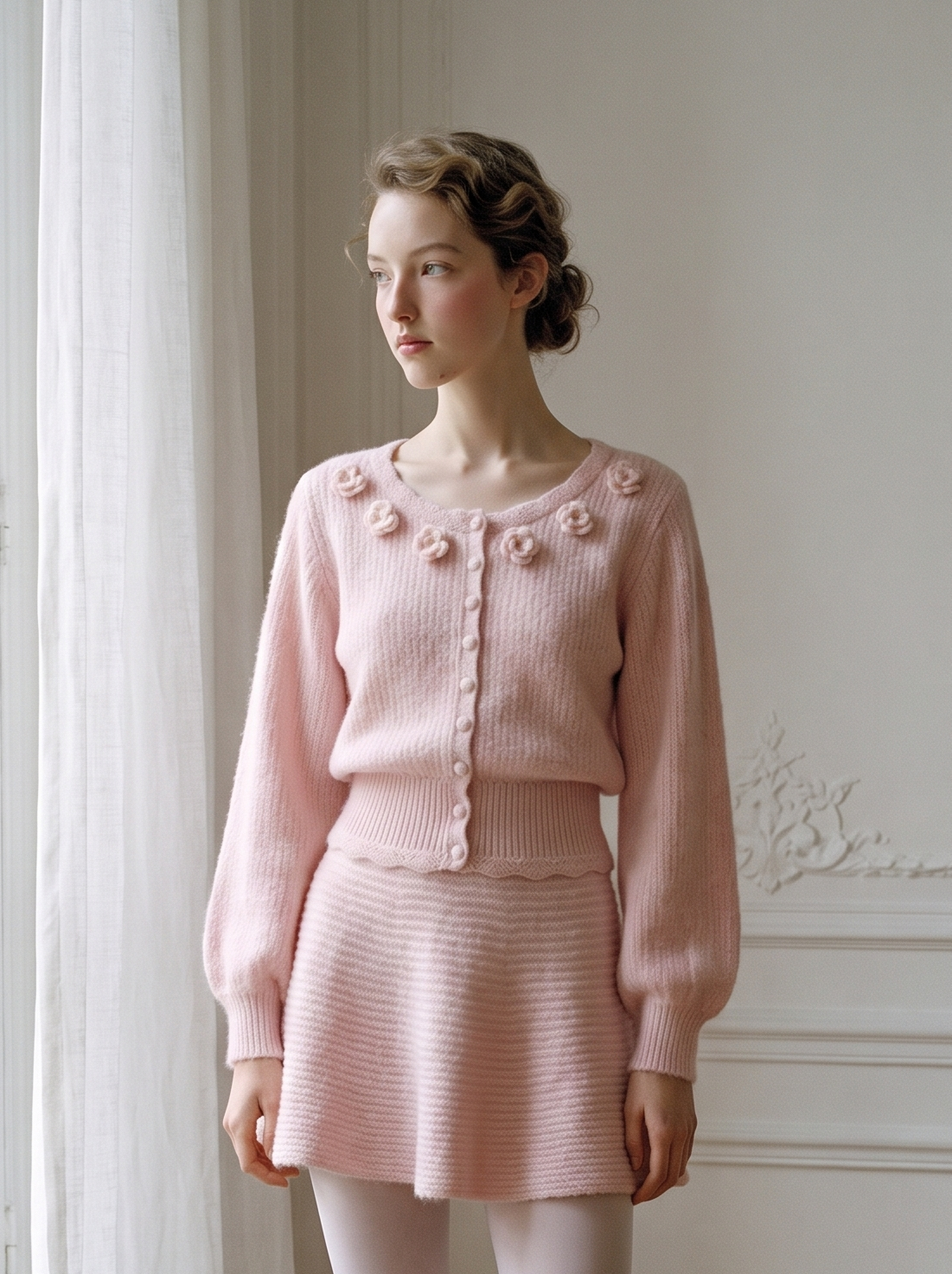 3D Floral Knit Top & Skirt Set pink
