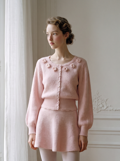 3D Floral Knit Top & Skirt Set pink