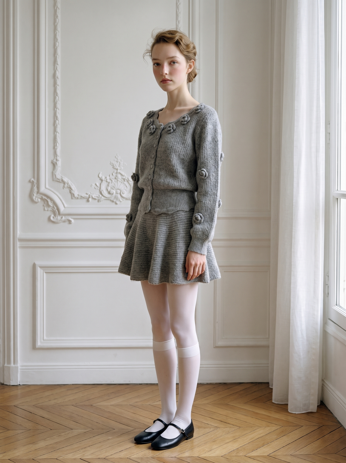 3D Floral Knit Top & Skirt Set gray
