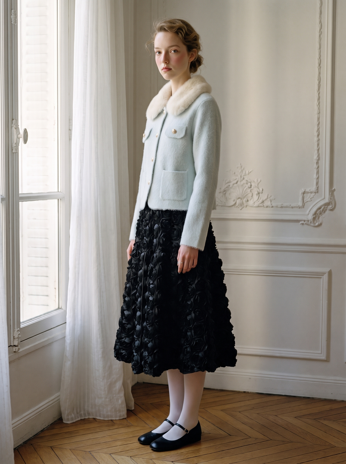 Faux-Fur Collar Knit Jacket light-blue