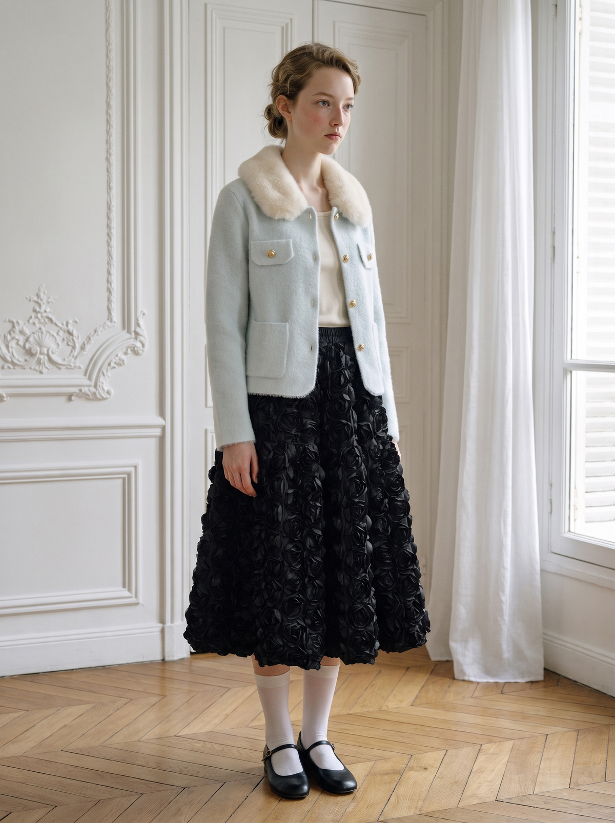 Faux-Fur Collar Knit Jacket light-blue