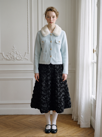 Faux-Fur Collar Knit Jacket light-blue
