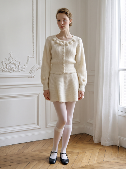 3D Floral Knit Top & Skirt Set white