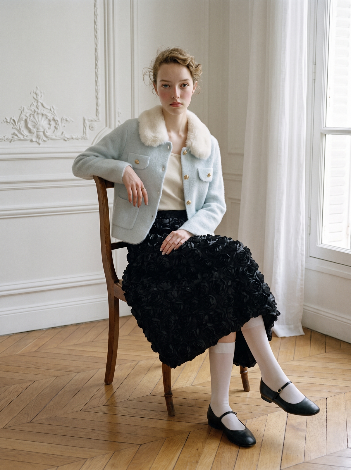 Faux-Fur Collar Knit Jacket light-blue