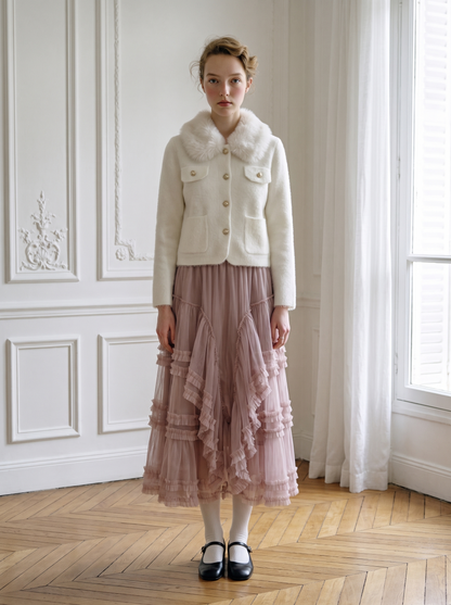 Faux-Fur Collar Knit Jacket white