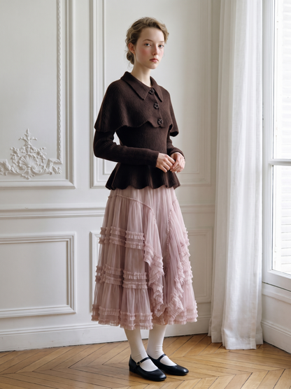 Scalloped Capelet Peplum Knit Set coffee