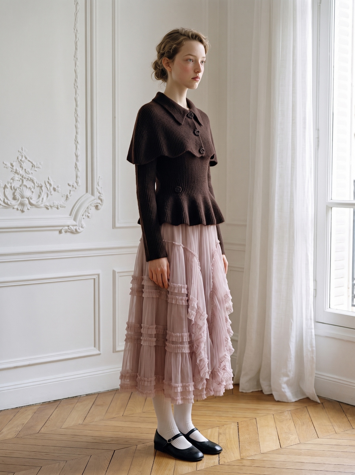 Scalloped Capelet Peplum Knit Set coffee