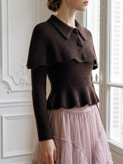 Scalloped Capelet Peplum Knit Set coffee