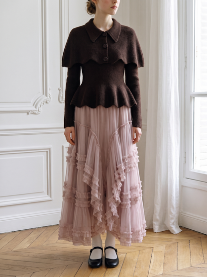 Scalloped Capelet Peplum Knit Set coffee