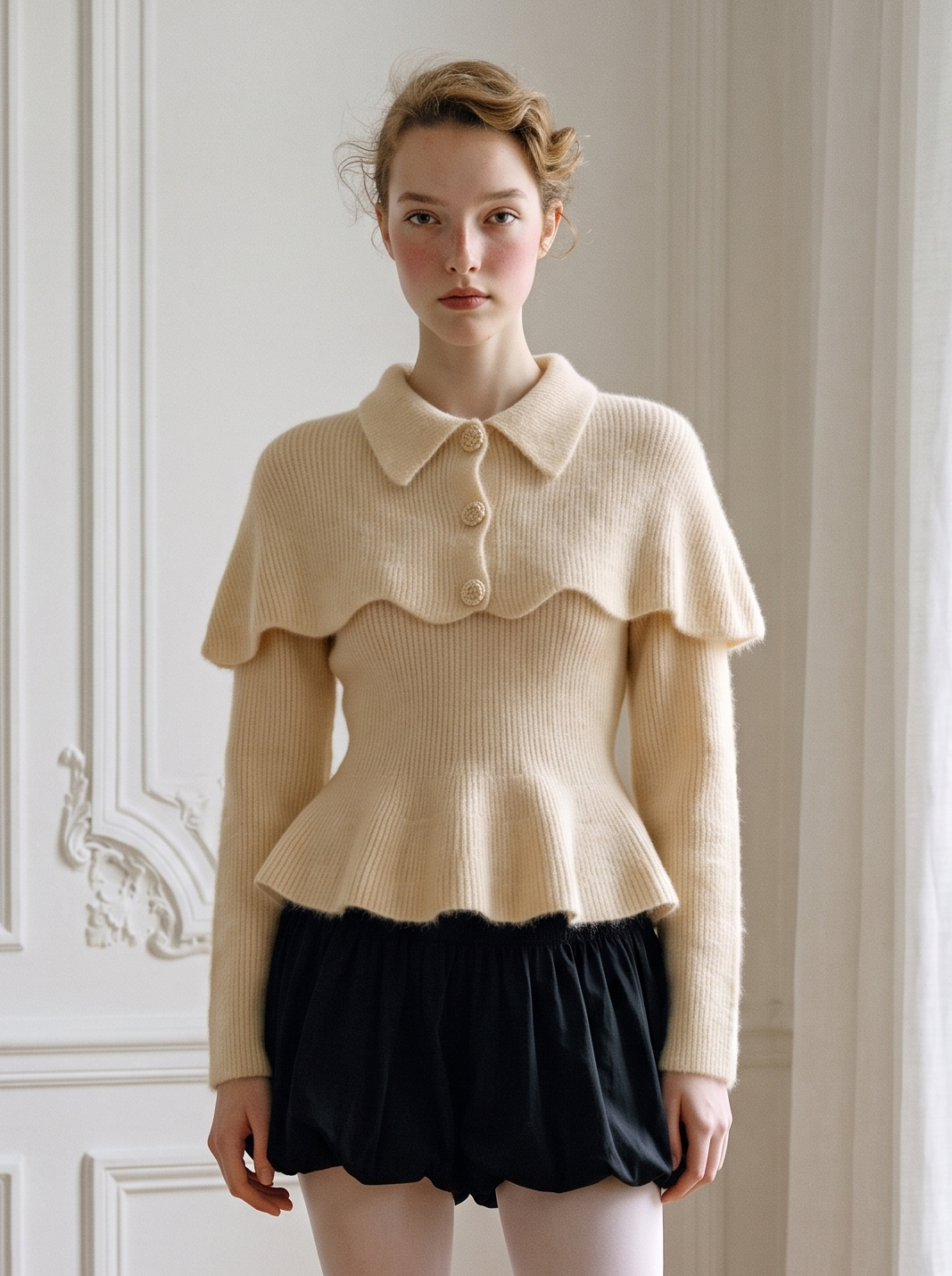Scalloped Capelet Peplum Knit Set apricot
