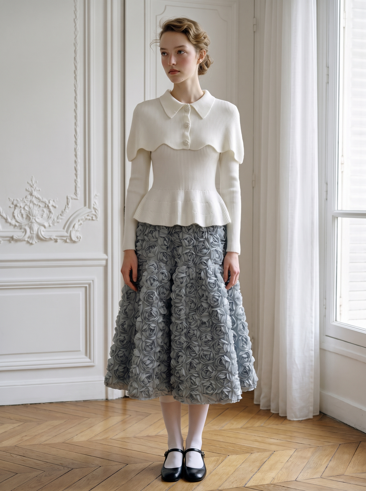 Scalloped Capelet Peplum Knit Set white