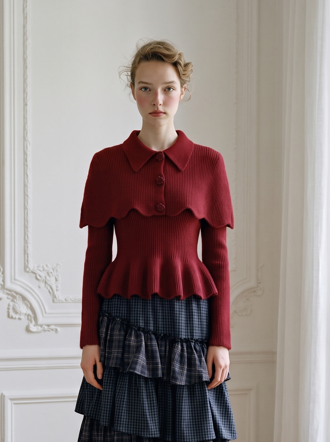 Scalloped Capelet Peplum Knit Set red