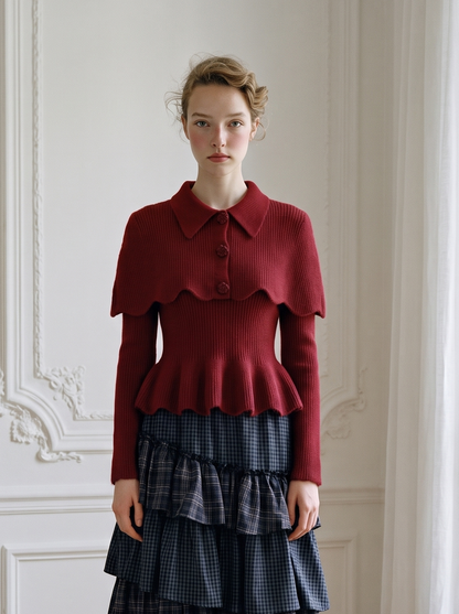 Scalloped Capelet Peplum Knit Set red