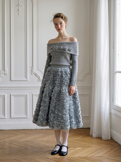 3D Floral A-Line Maxi Skirt blue