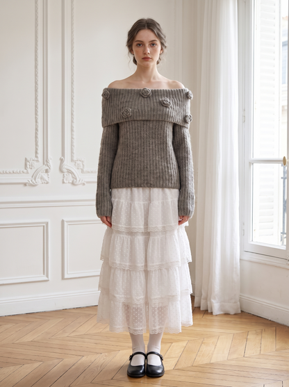 Rosette Off-Shoulder Knit Skirt Set gray