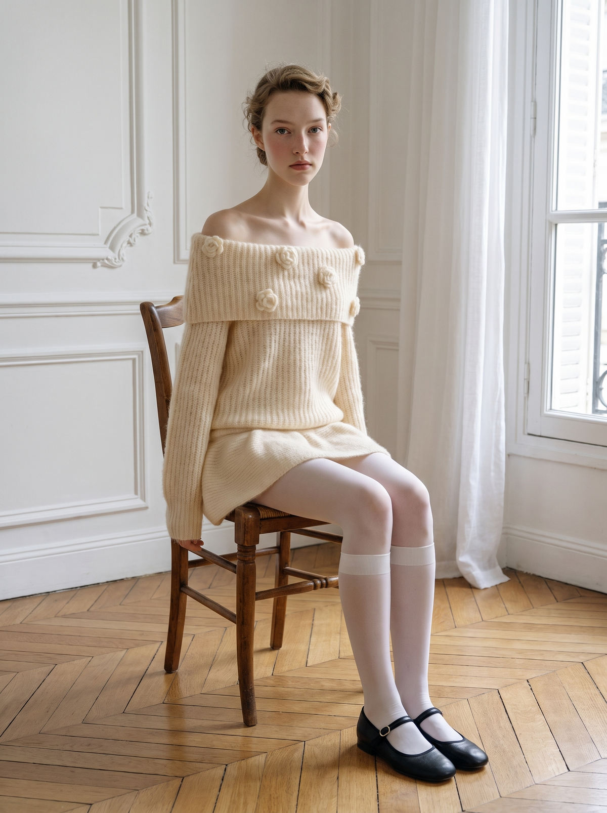 Rosette Off-Shoulder Knit Skirt Set apricot