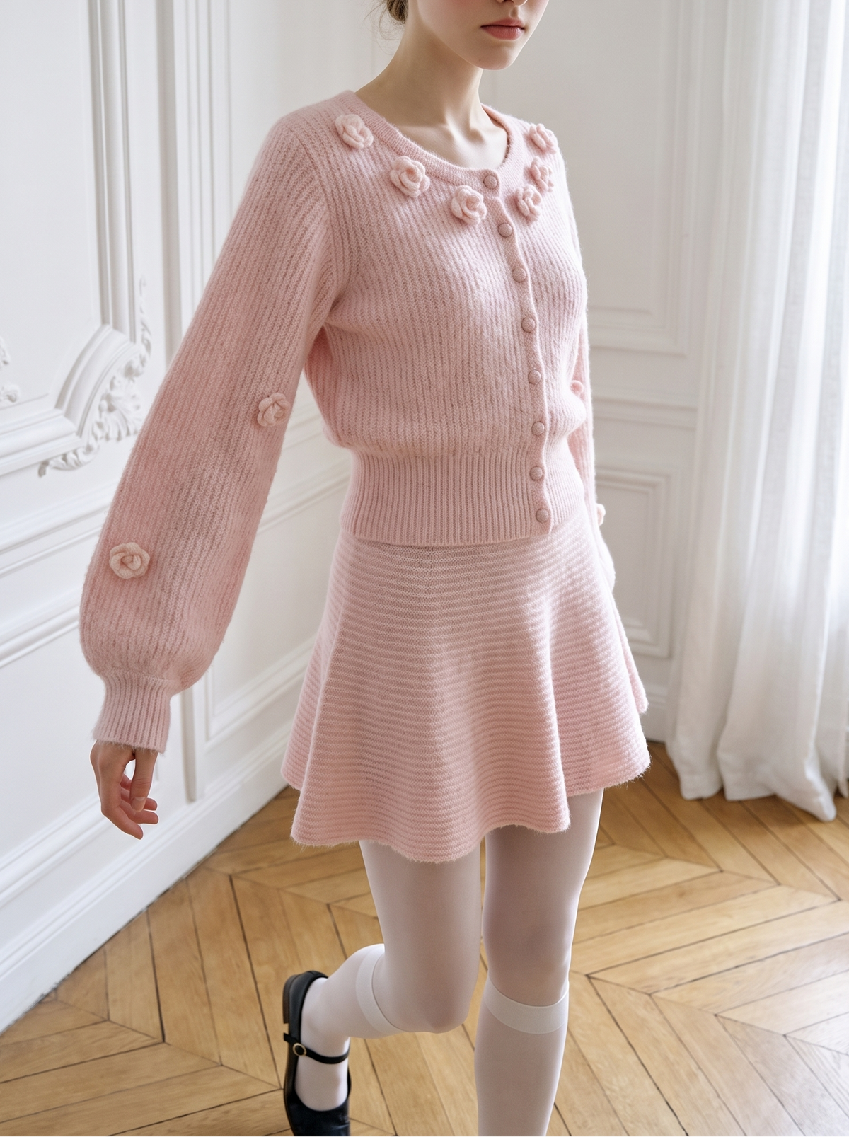 3D Floral Knit Top & Skirt Set pink