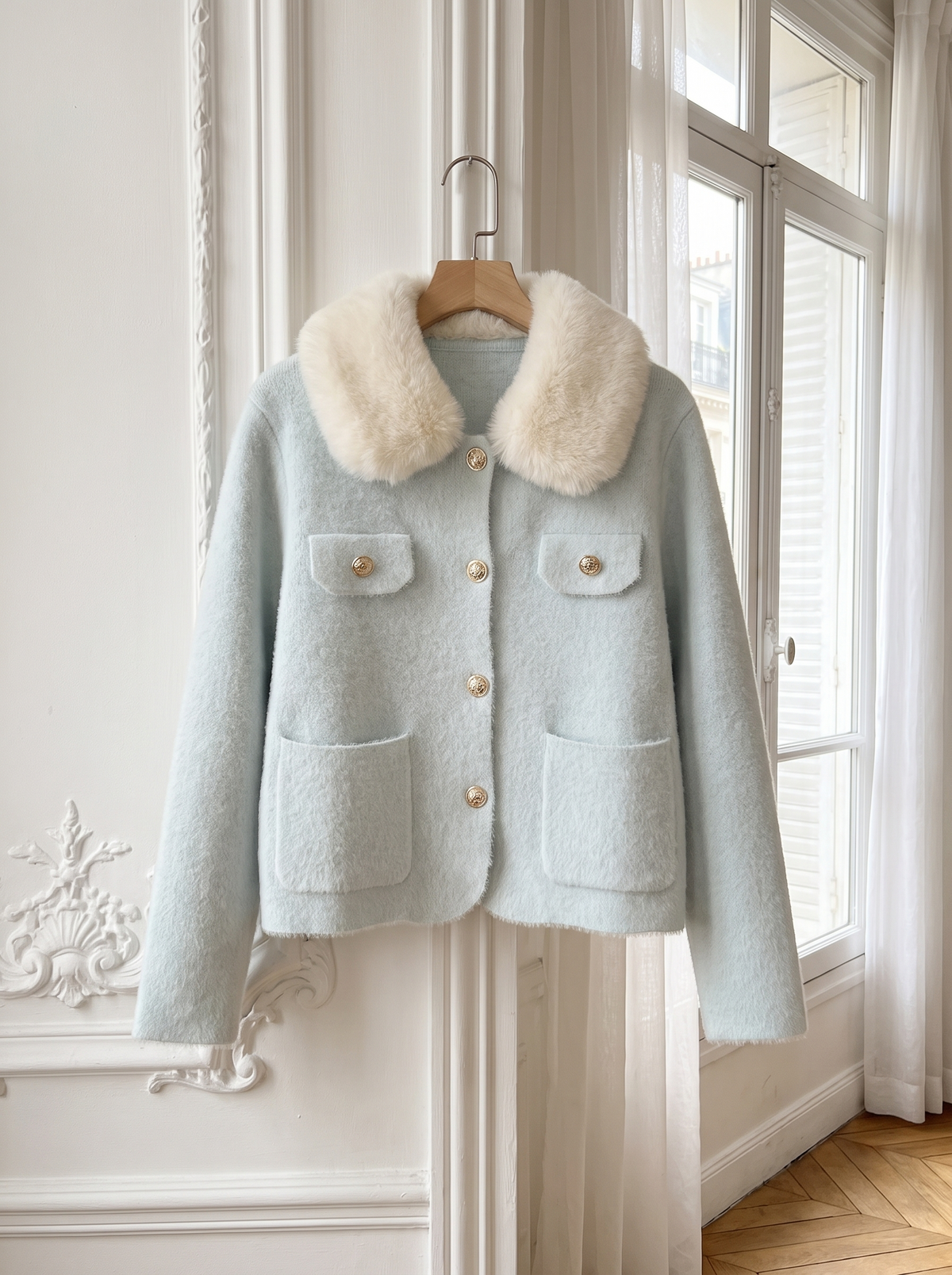 Faux-Fur Collar Knit Jacket light-blue