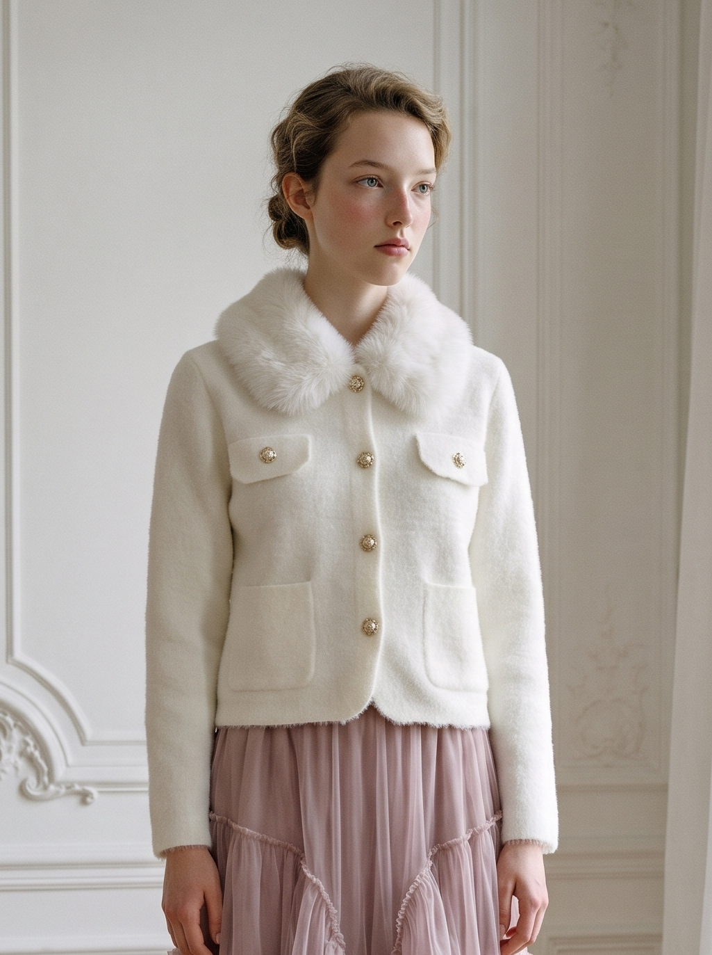 Faux-Fur Collar Knit Jacket white