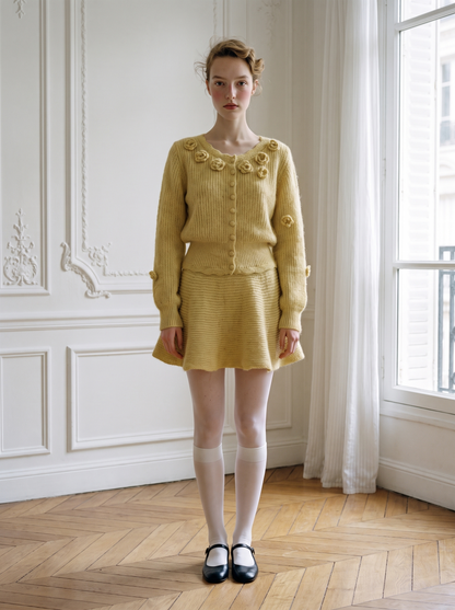 3D Floral Knit Top & Skirt Set yellow