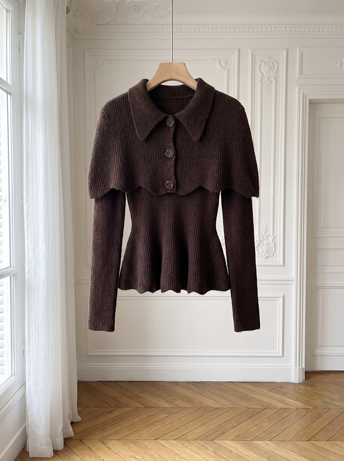 Scalloped Capelet Peplum Knit Set coffee